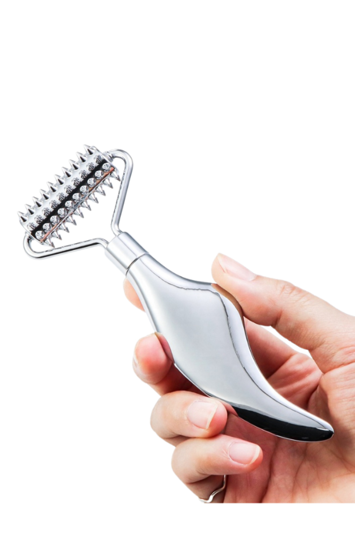Çelik Tırtıklı Yüz Masaj Aleti, Face Roller — نقره‌ای hc-03