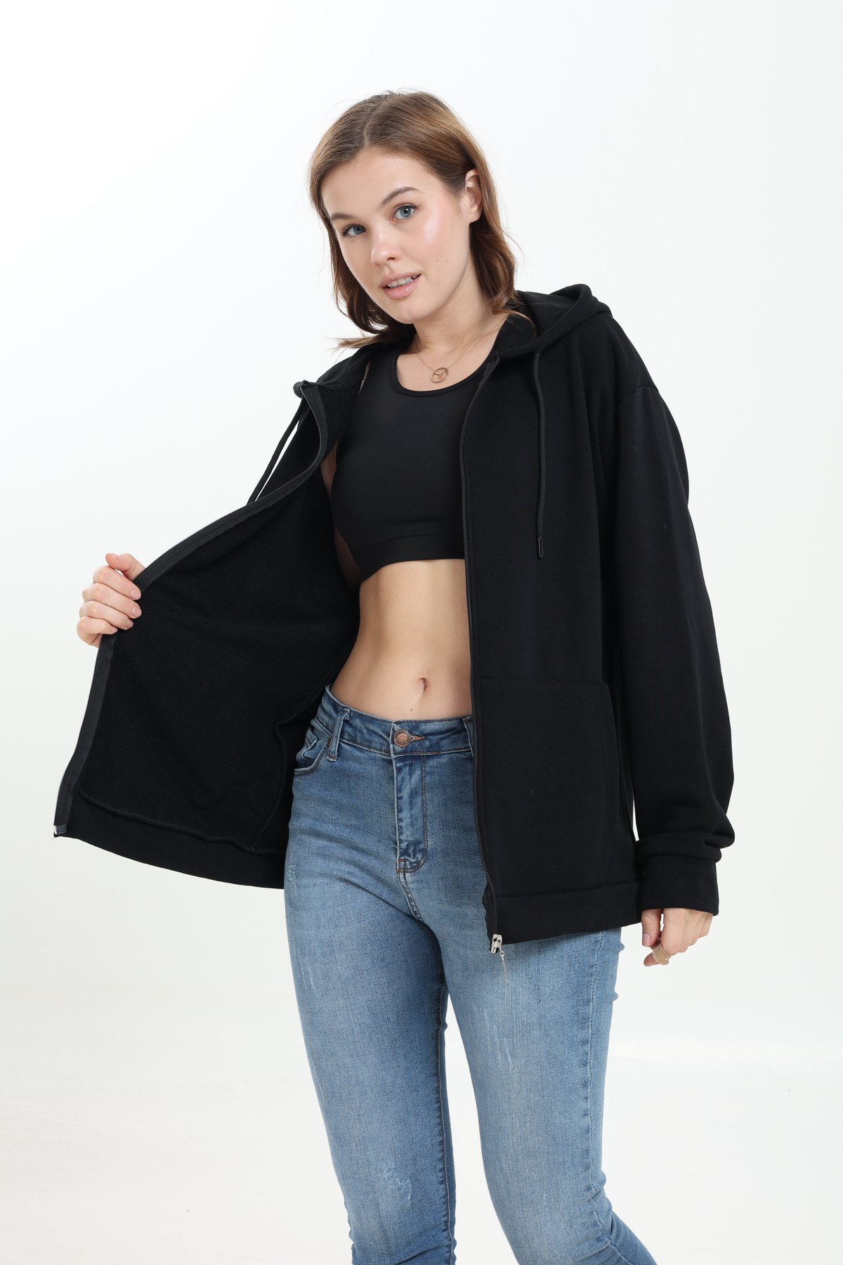 Tight Lady %100 Pamuk Şardonsuz 3 iplik Oversize Geniş Kalıp Fermuarlı Kapüşonlu Kangru Cepli Sweatshirt Hırka görsel 2