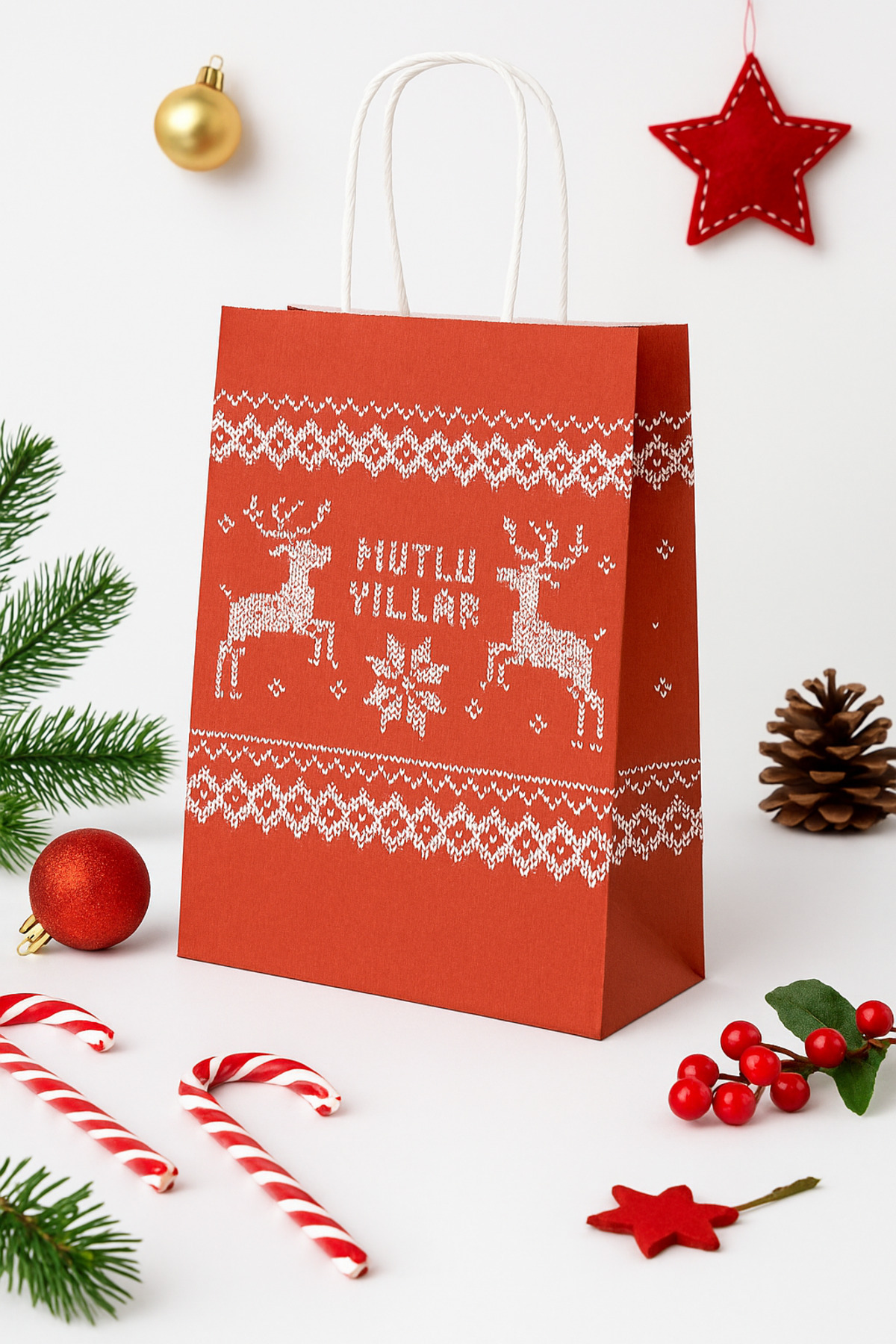 Buzella 1 Adet Burgu Saplı Hediye Kutusu Poşeti Kırmızı Kraft Hediye Paketi 25x12x31