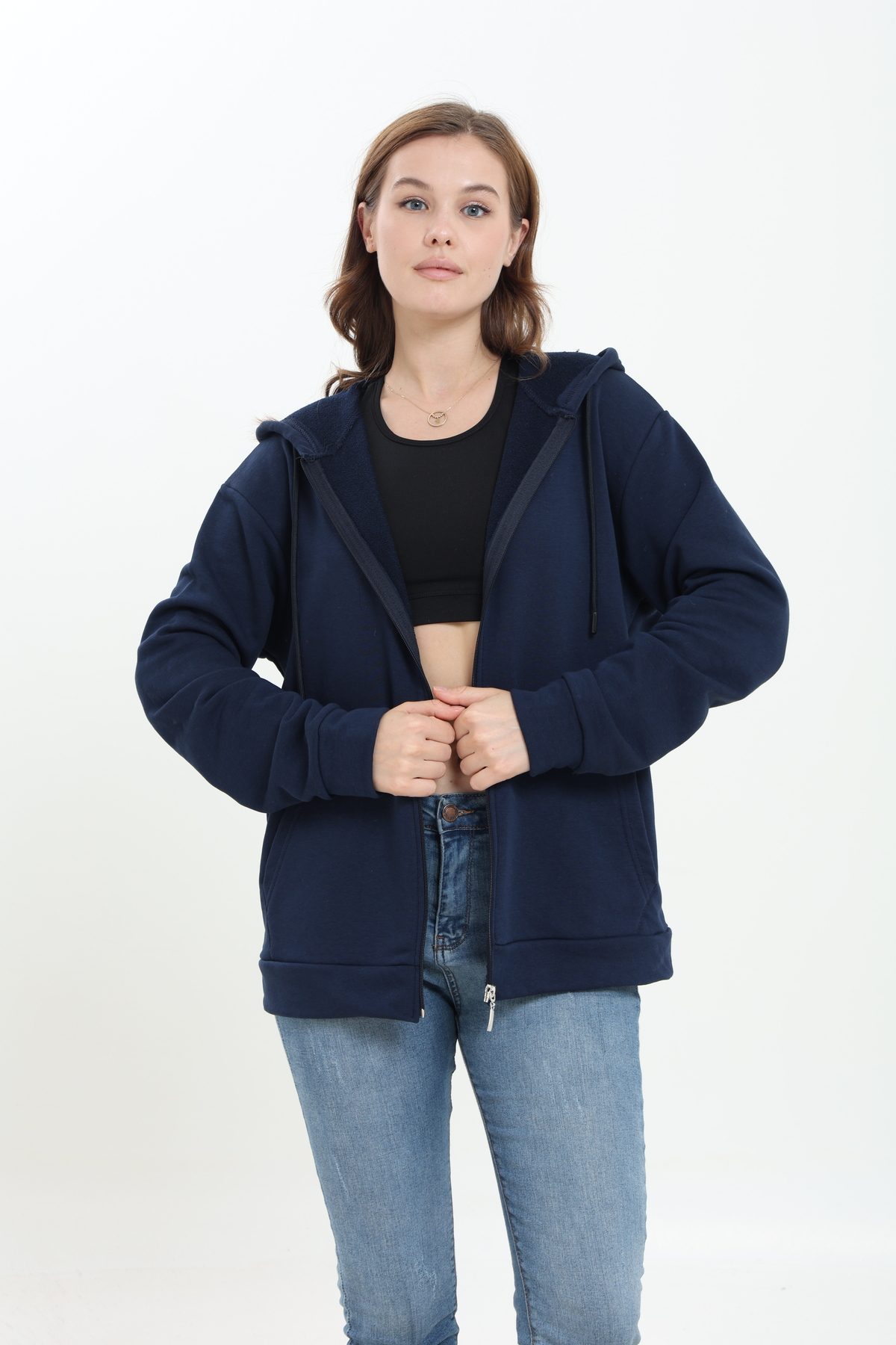 Tight Lady %100 Pamuk Şardonsuz 3 iplik Oversize Geniş Kalıp Fermuarlı Kapüşonlu Kangru Cepli Sweatshirt Hırka görsel 5