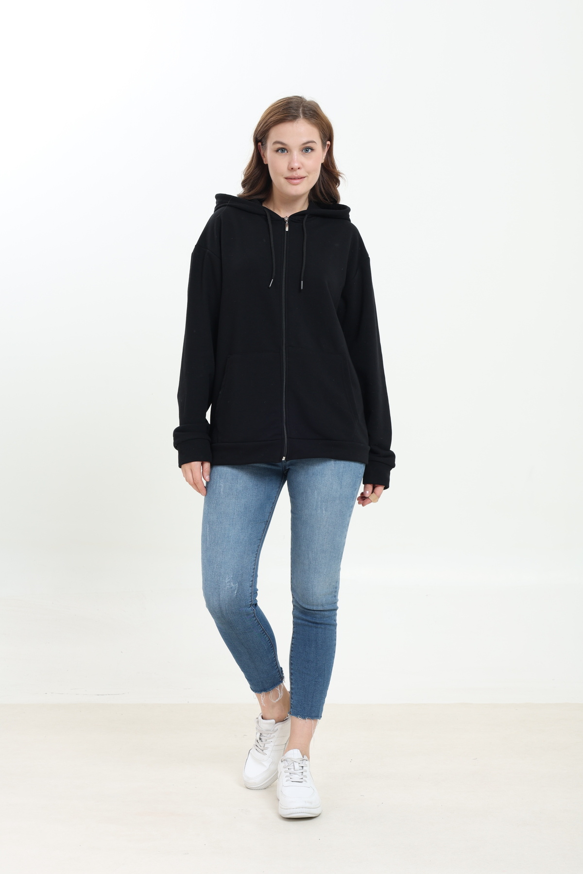 Tight Lady %100 Pamuk Şardonsuz 3 iplik Oversize Geniş Kalıp Fermuarlı Kapüşonlu Kangru Cepli Sweatshirt Hırka görsel 3