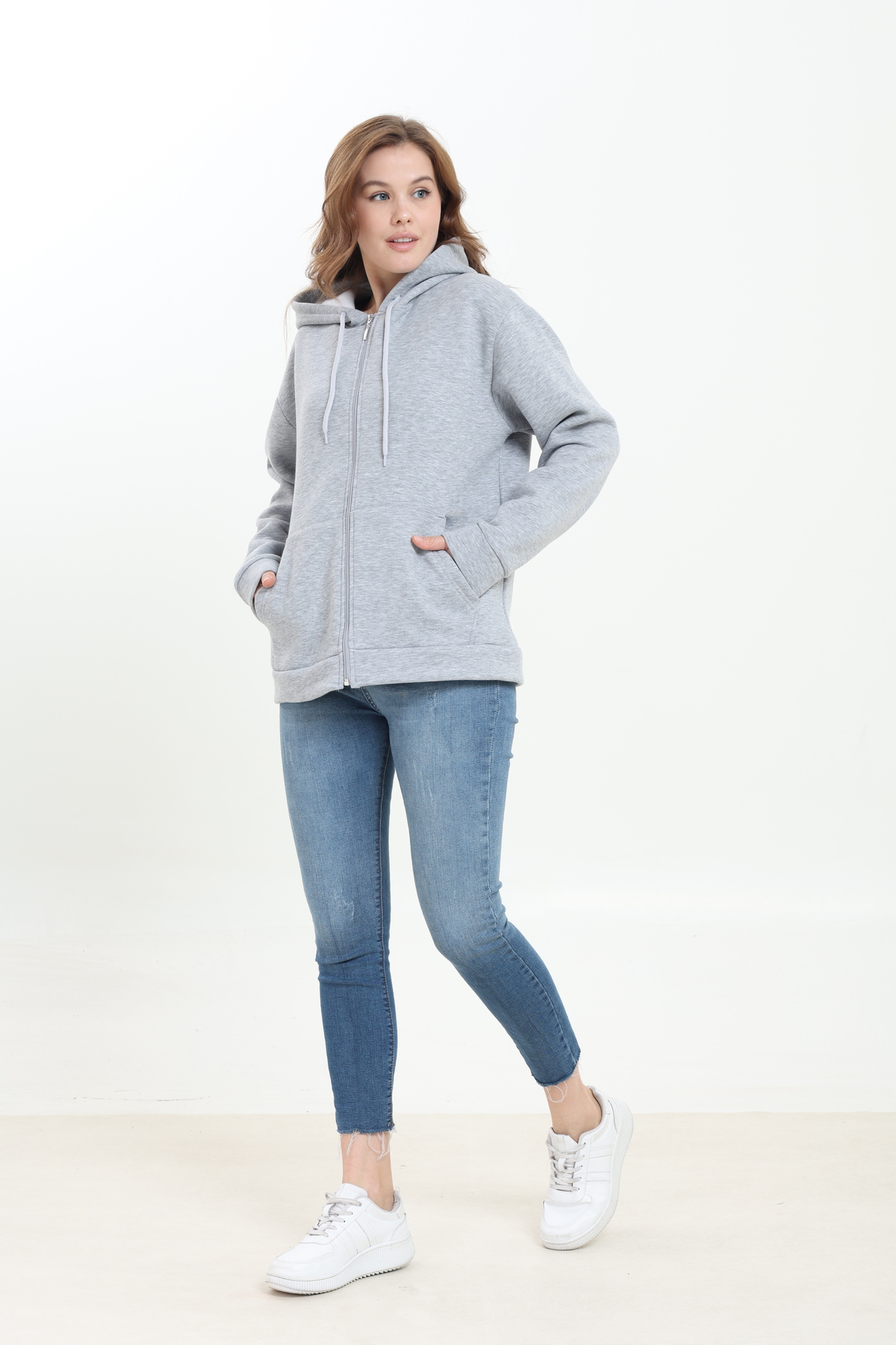 Tight Lady Gri Melanj 3 iplik Kanguru Cepli Kapüşonlu Fermuarlı içi Polarlı Oversize Kadın Sweatshirt Hırka görsel 8