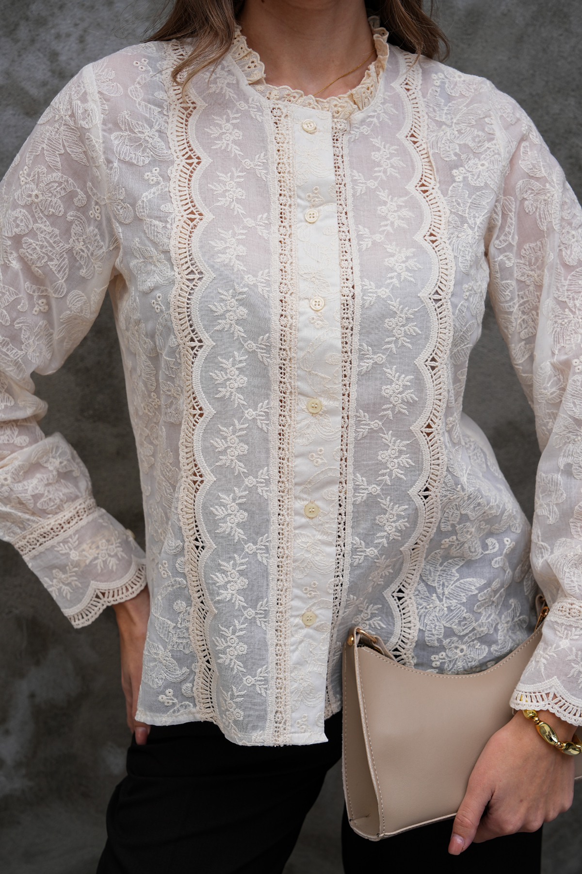 Lace Detailed Embroidery Patterned Round Upright Neck Shirt