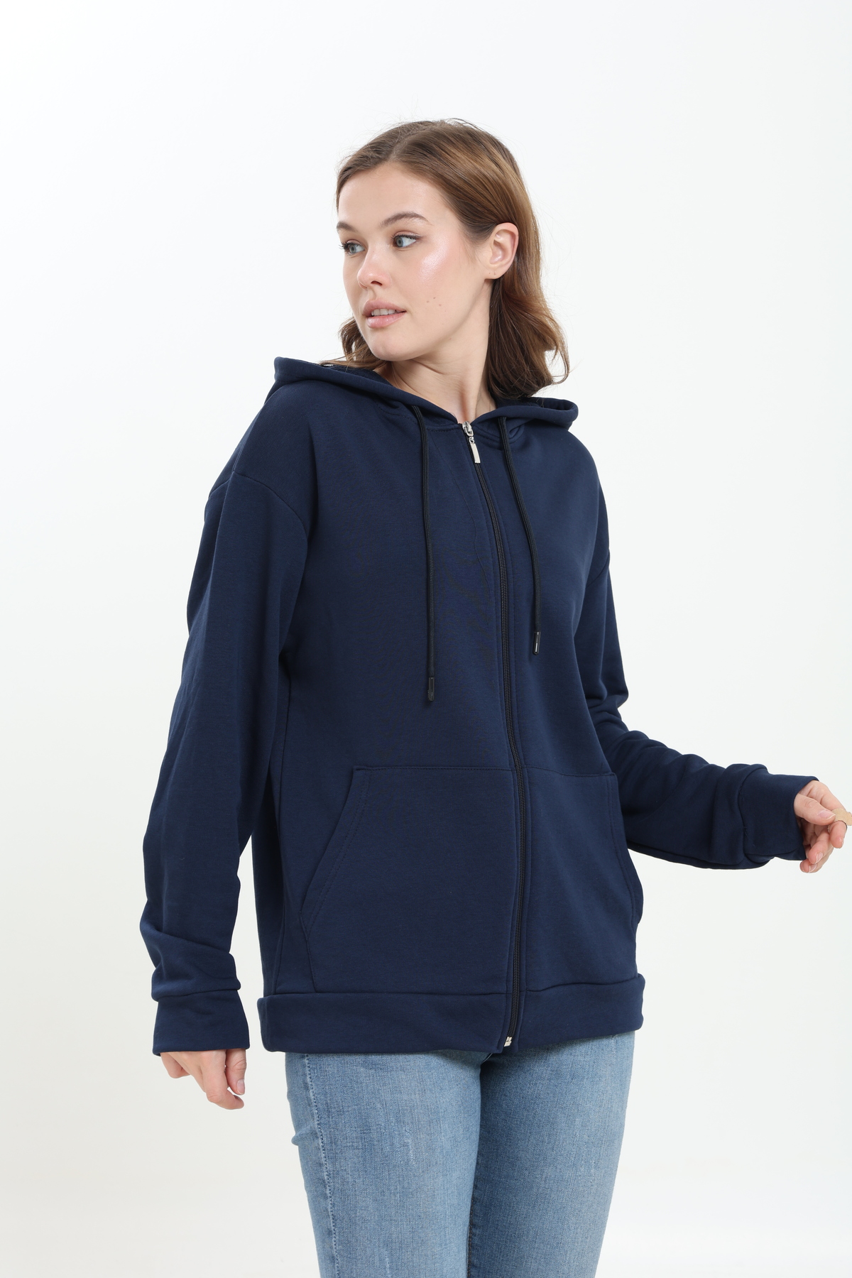 Tight Lady %100 Pamuk Şardonsuz 3 iplik Oversize Geniş Kalıp Fermuarlı Kapüşonlu Kangru Cepli Sweatshirt Hırka görsel 3