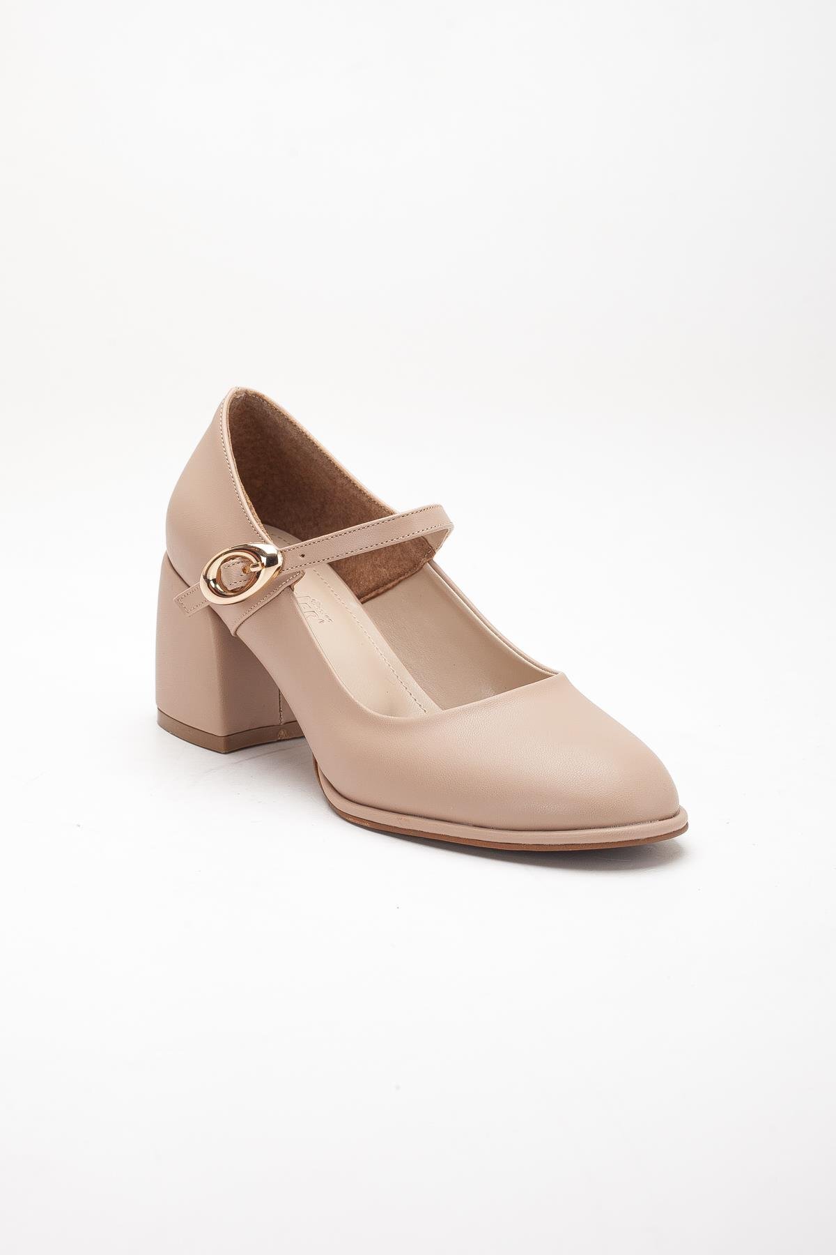 Dilimler Ayakkabı  Nude Kadın Kalın Topuklu Ayakkabı Baretli Vardola Kalın Tokalı - Görsel 5