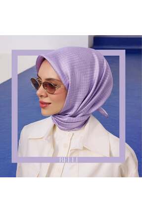 Belli Lila Geometrik Desen Tivil Saf İpek Eşarp-KVS0783