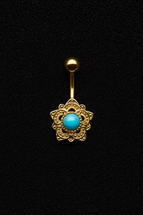 ömay takı Antik Çiçek Turkuaz Altın 316l Cerrahi ÇelikGöbek Piercing