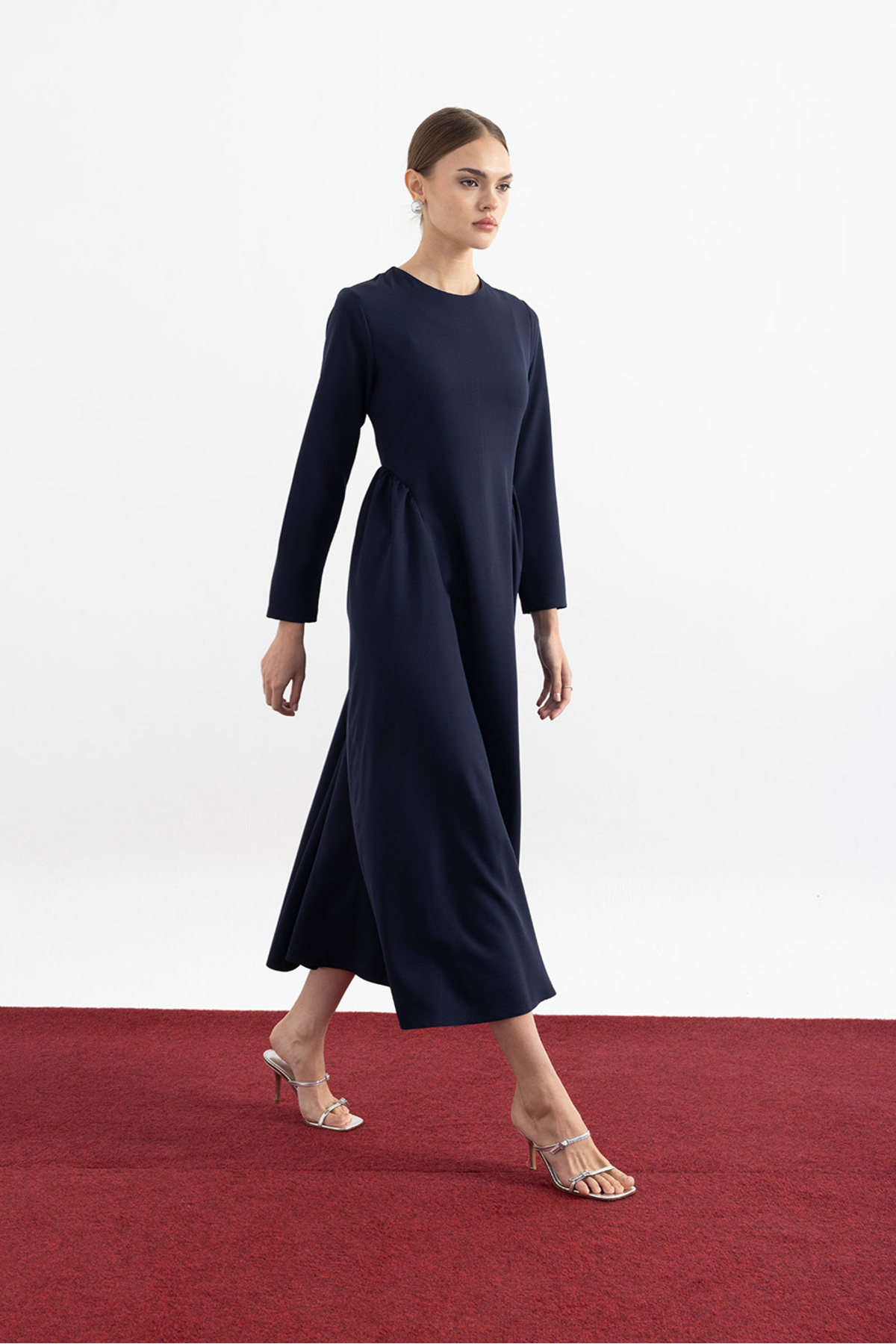 Navy Blue Side Shirred Detailed Dress