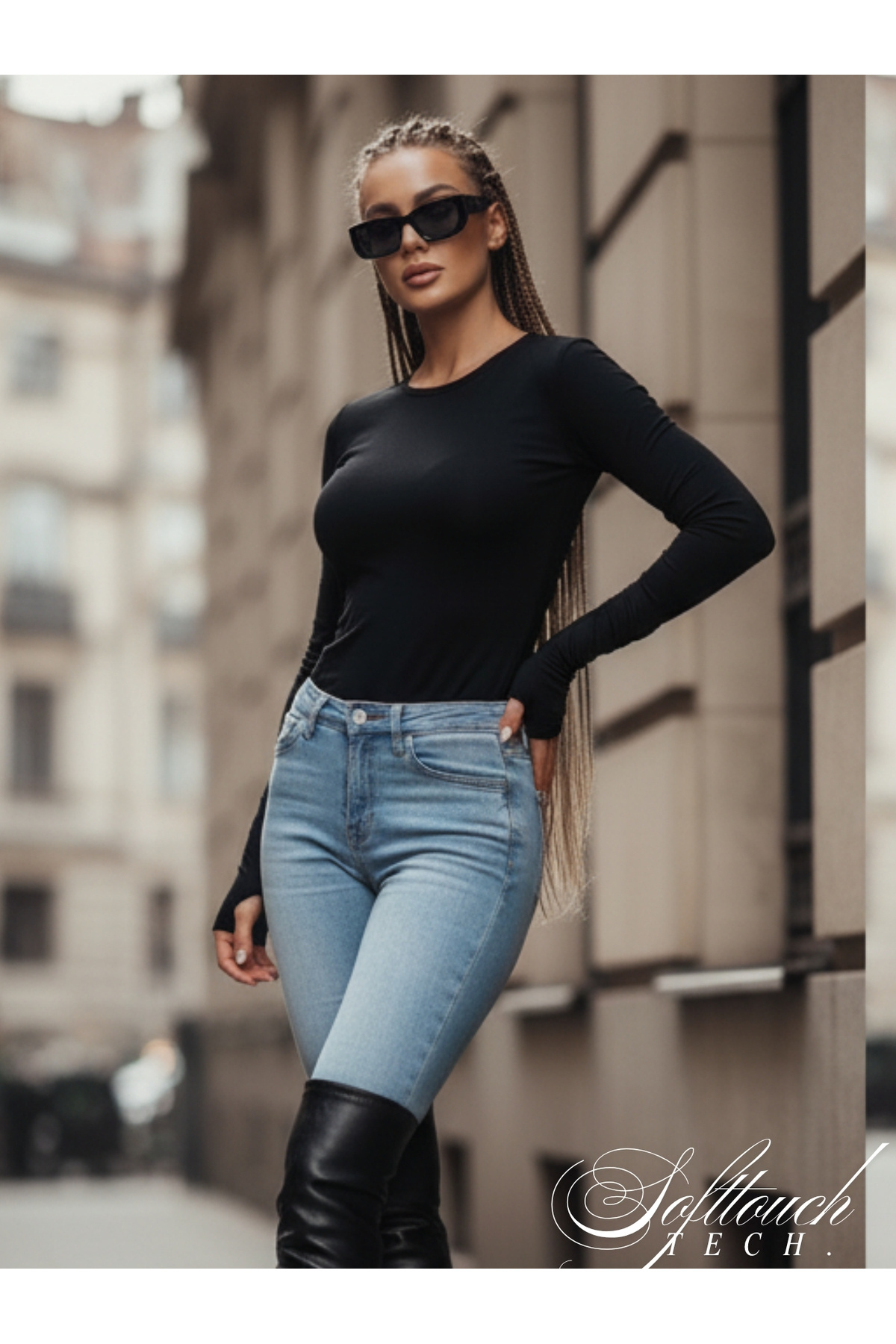 blck & premium  Parmak Geçme Detay Softtouch tech. Viscone Siyah Body Bluz - Görsel 6