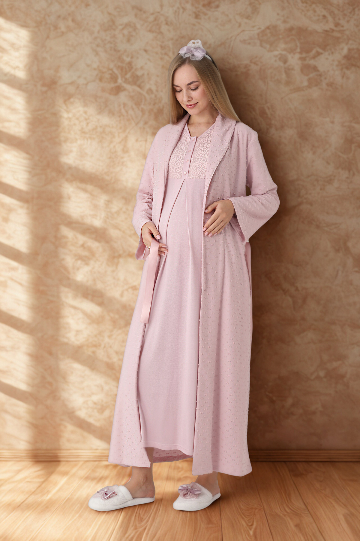 bigmama Şık Kadın Kapitone 2Li Hamile Lohusa Sabahlık Gecelik Takımı - Emzirme Kolaylığı - Rahat & yumuşak