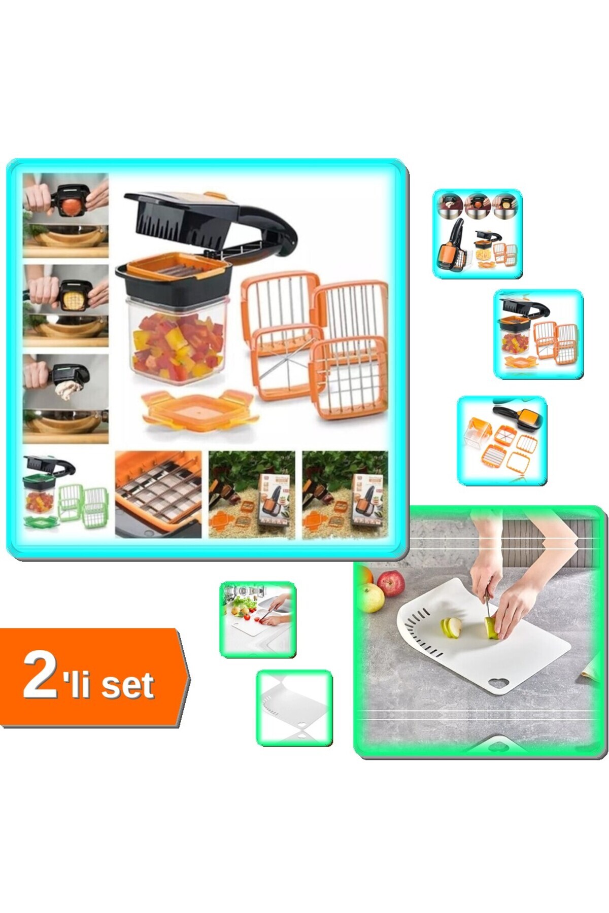 HerEveOyuncak 5 In 1 Pratik Hazneli Sebze + Meyve Doğrayıcı - Hijyenik Doğrama Tahtası - 2li Set SY15JE