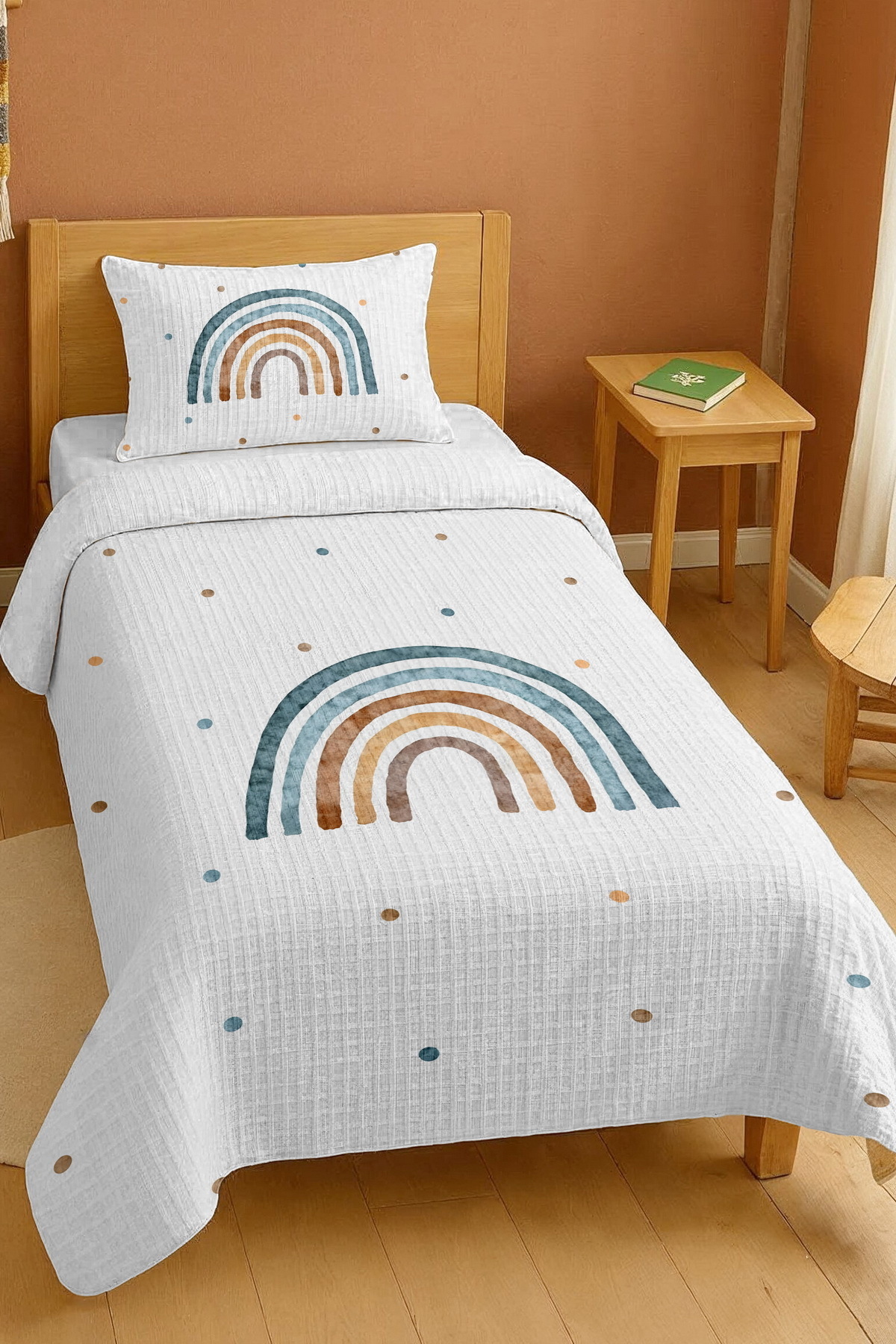 EVPANYA %100 Pamuk Mavili Gökkuşağı Desenli Tek Kişilik Pike Seti