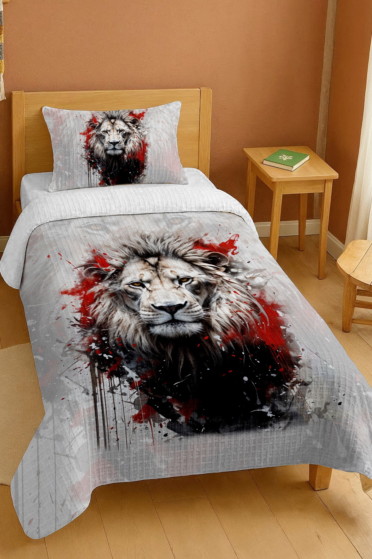 クイーン寝具セット　ハイビスカス　ヤシ柄 Evpanya %100 Pamuk Kırmızı Kral Aslan Desenli Tek Kişilik Pike