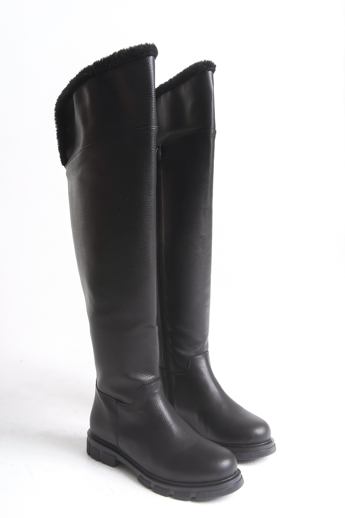 Ayakkabı Delisiyim  Siyah Deri Binici Diz Üstü Kürklü Kaymaz Taban Fermuarlı Kety Kadın Çizme - Görsel 4