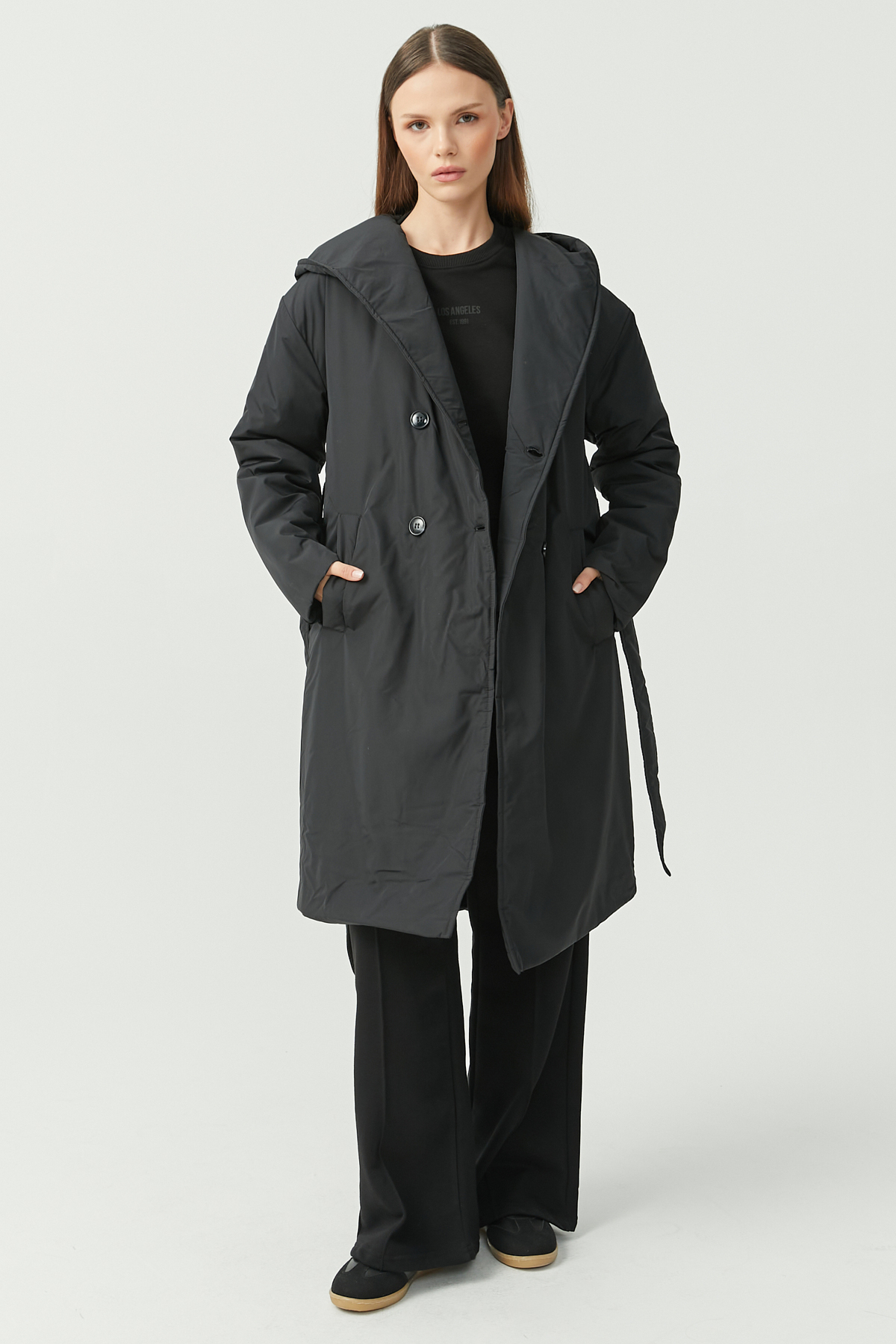 PAULMARK  Kadın Kapüşonlu Uzun Kaban - Görsel 6