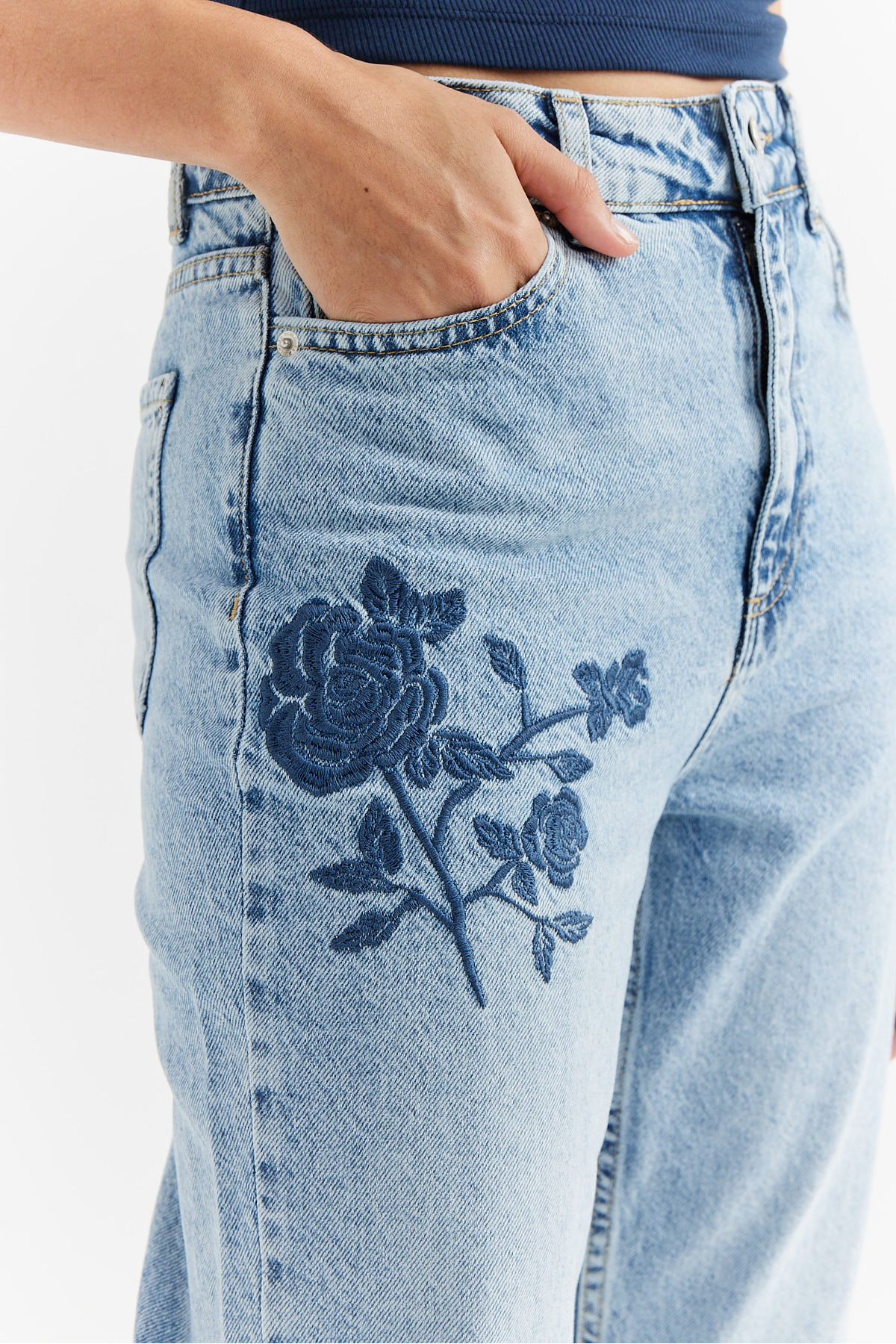 PAULMARK  Kadın Yüksek Bel Nakış Detaylı Kot Pantolon - Görsel 8