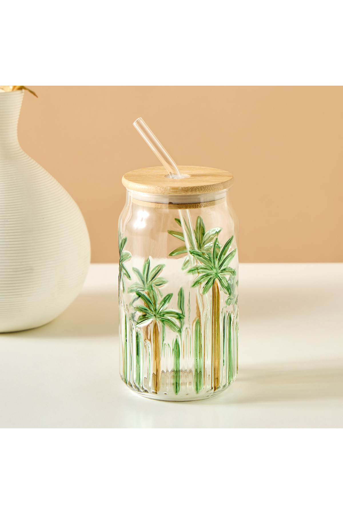 Lifestyle Palm Tree Print Glass Sipper with Lid - 530 ml