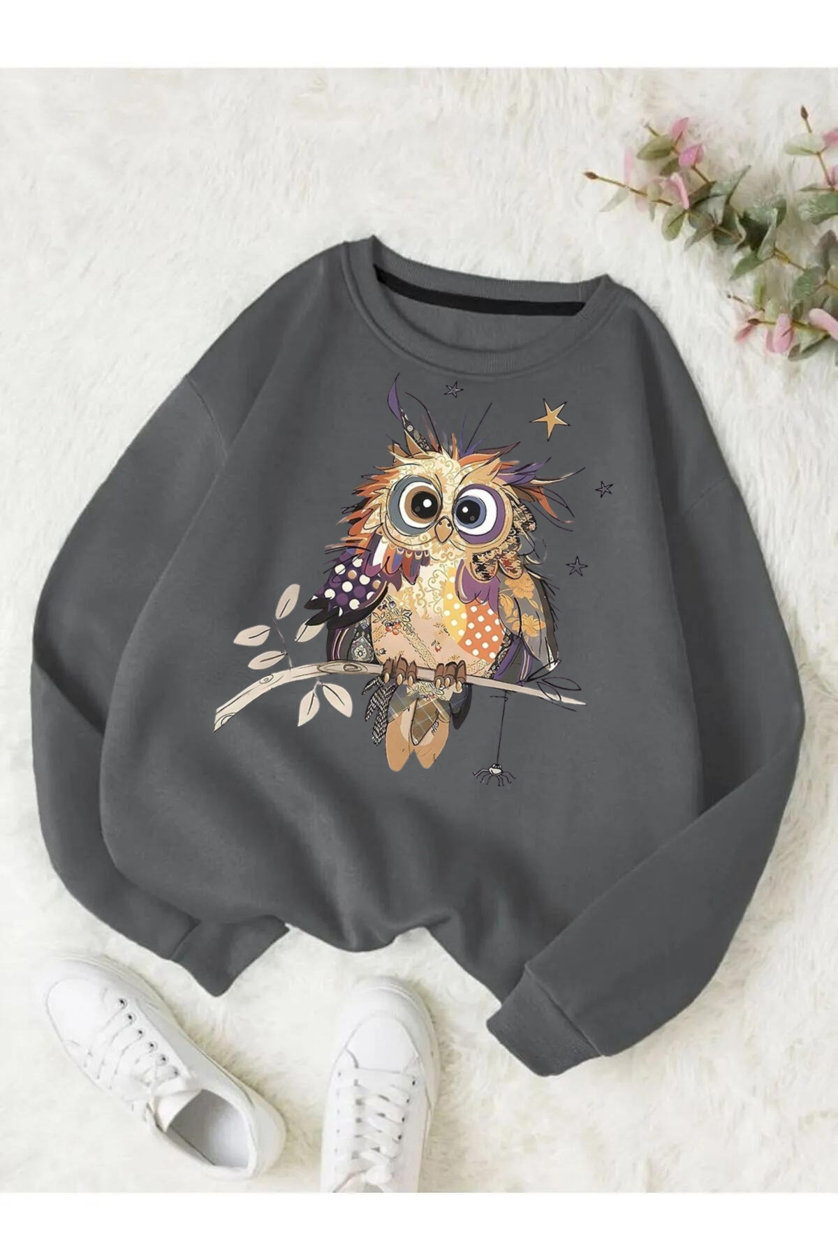 PALPİTO Women's Black Color Owl Printed Crew Neck Oversize
