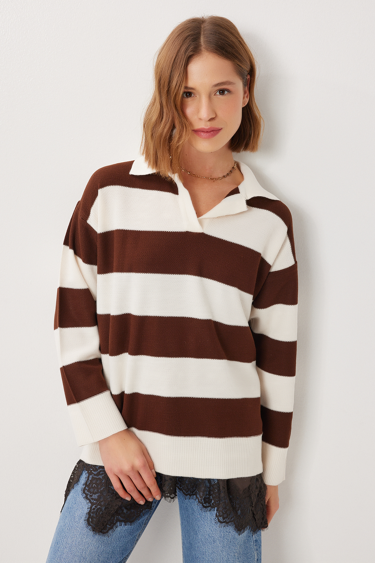 Lovelyİstanbul Oversize Çizgili Triko Kazak LMC0076 KAHVERENGİ KEMİK