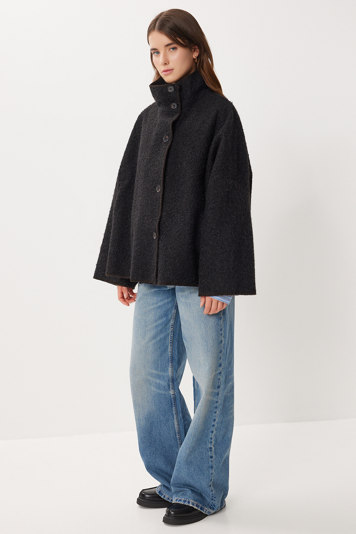 Lovelyİstanbul Düğmeli Oversize Yün Efektli Ceket LDP0087 SİYAH