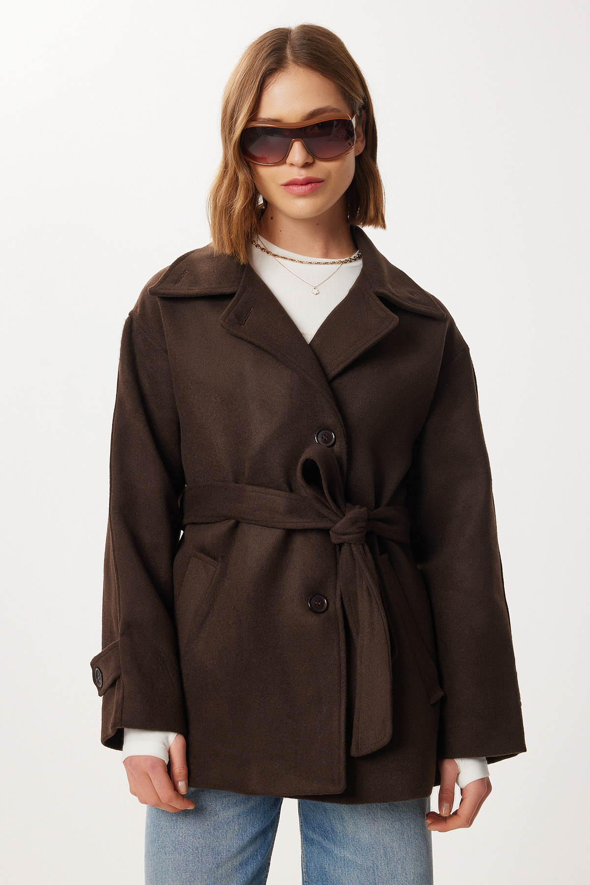 Lovelyİstanbul Kruvaze Yaka Kuşaklı Kaşe Kaban LDP0086 KAHVERENGİ