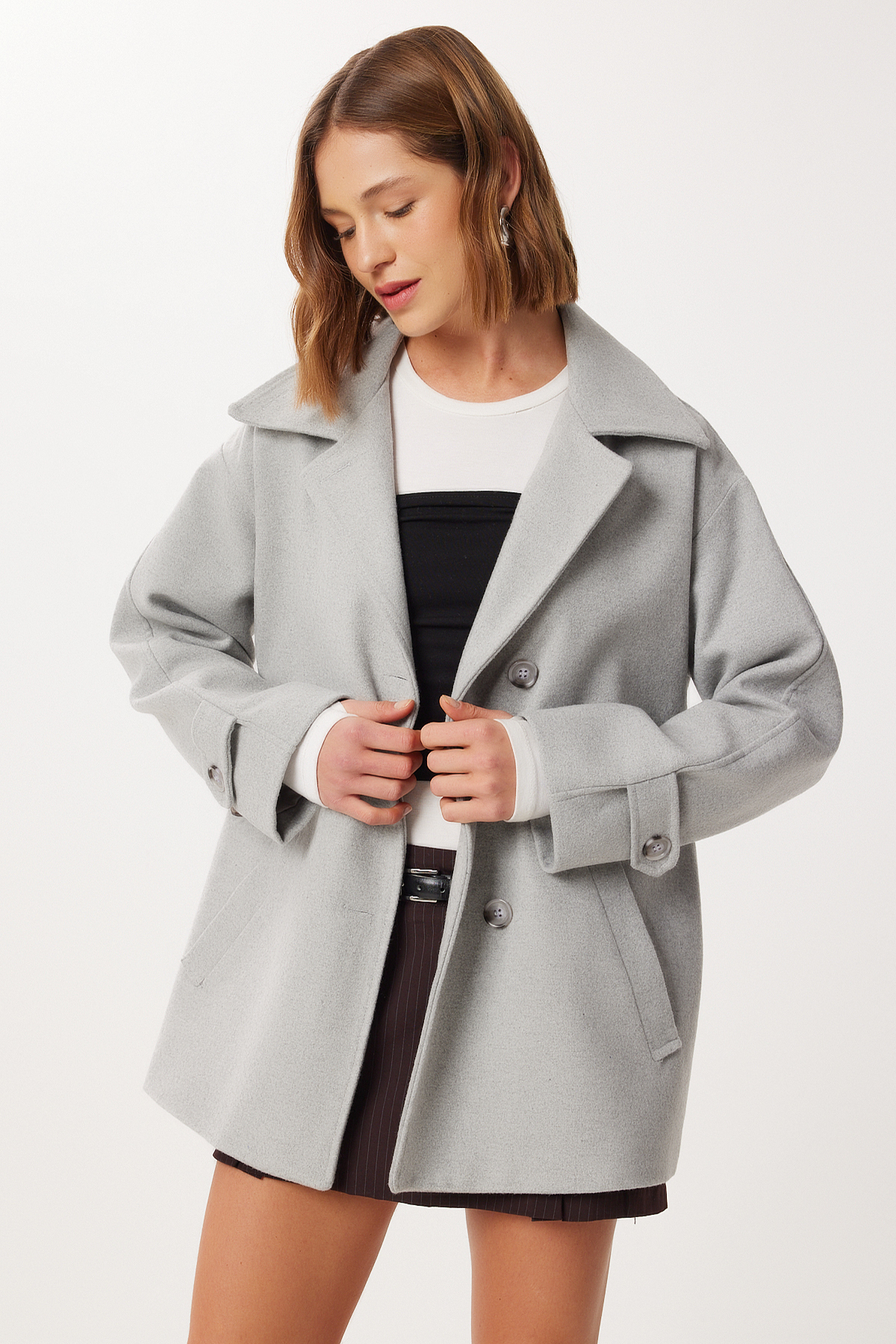 Lovelyİstanbul  Kruvaze Yaka Kuşaklı Kaşe Kaban LDP0086 GRİ - Görsel 3