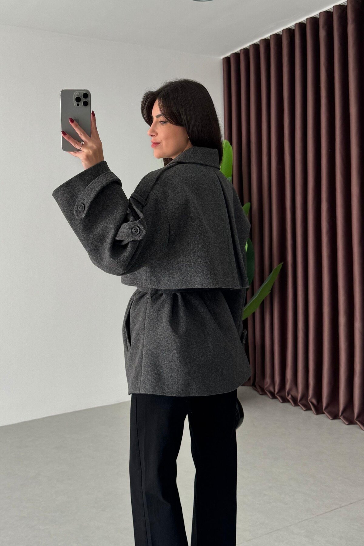 Nazline  Kadın Yeni Sezon Premium Kalite Trend Kuşaklı Kısa Kaşe Kaban - Görsel 6