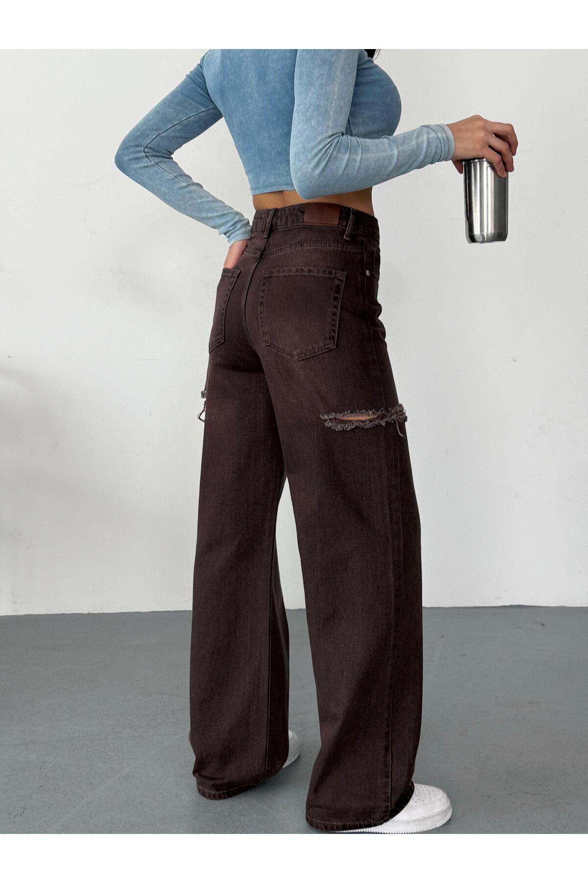 Zeo Basic Жіночі коричневі джинси-баггі з високою талією, джинсова тканина, л...