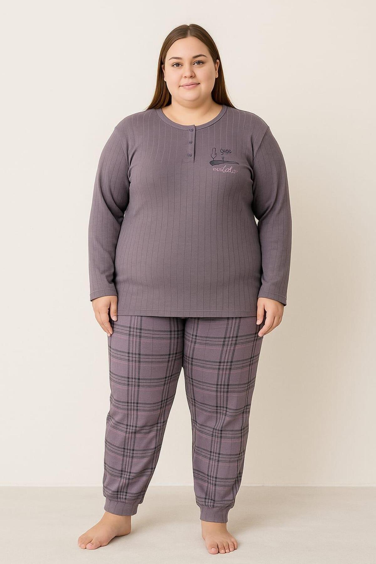 Pemilo Kadın 0267 Büyük Beden Raporlu Pijama Takımı FÜME