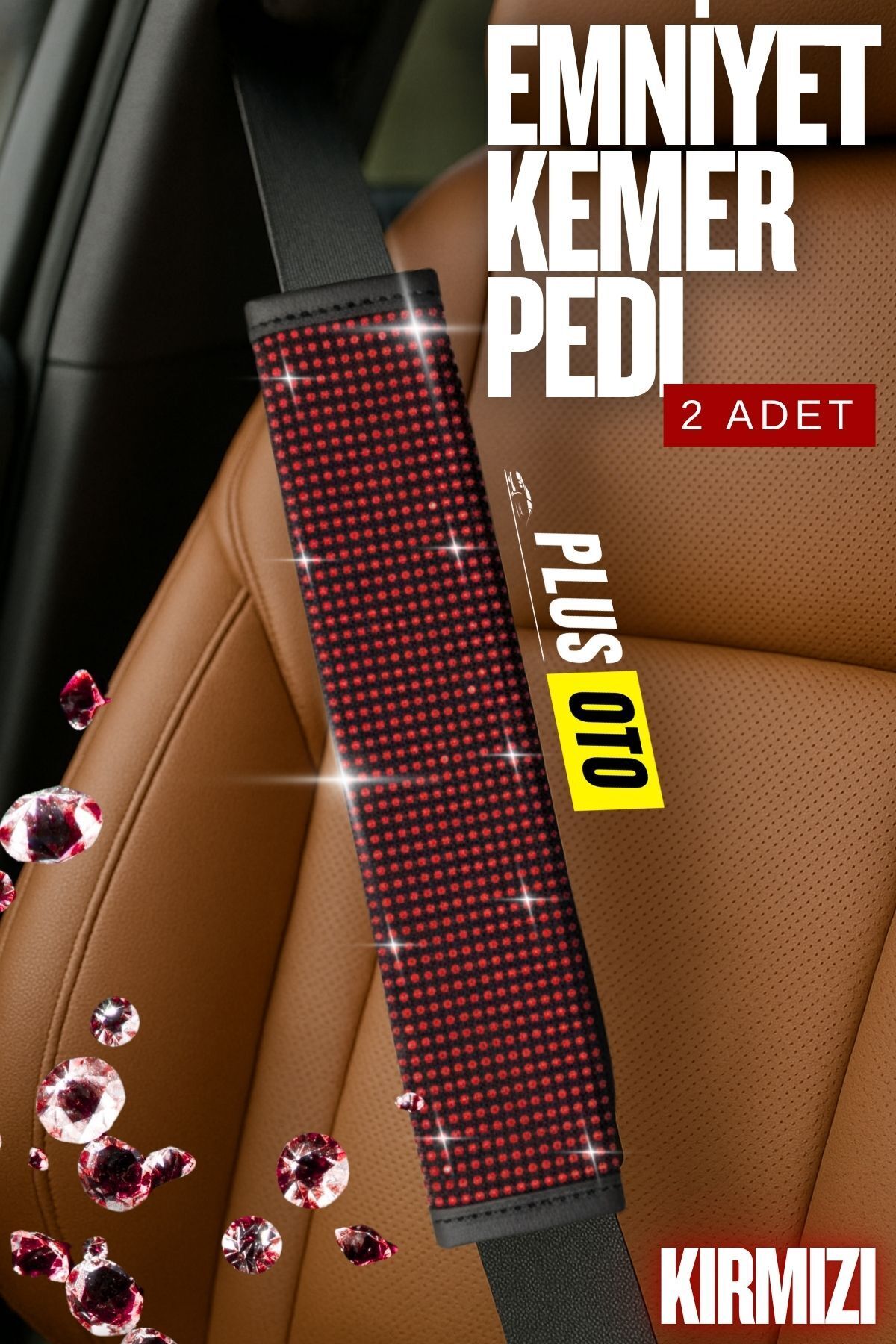 PlusOto Paris Seri Kırmızı Full Taşlı Tüm Araçlara Uyumlu Daimond Taşlı 2Adet Kemer Pedi Oto Aksesuar