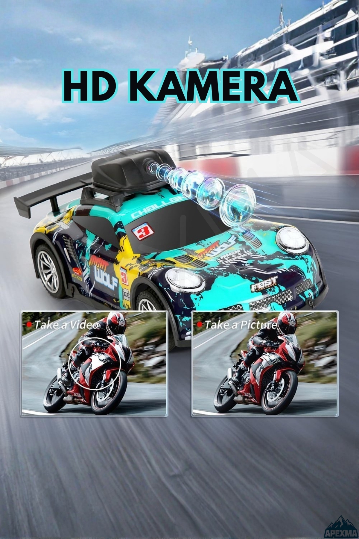 Apexma Oyuncak Uzaktan Kumandalı HD Fotoğraf ve Video Çekebilen Şarjlı LED Işıklı Kameralı Araba fotoğrafı 2 (önizleme)