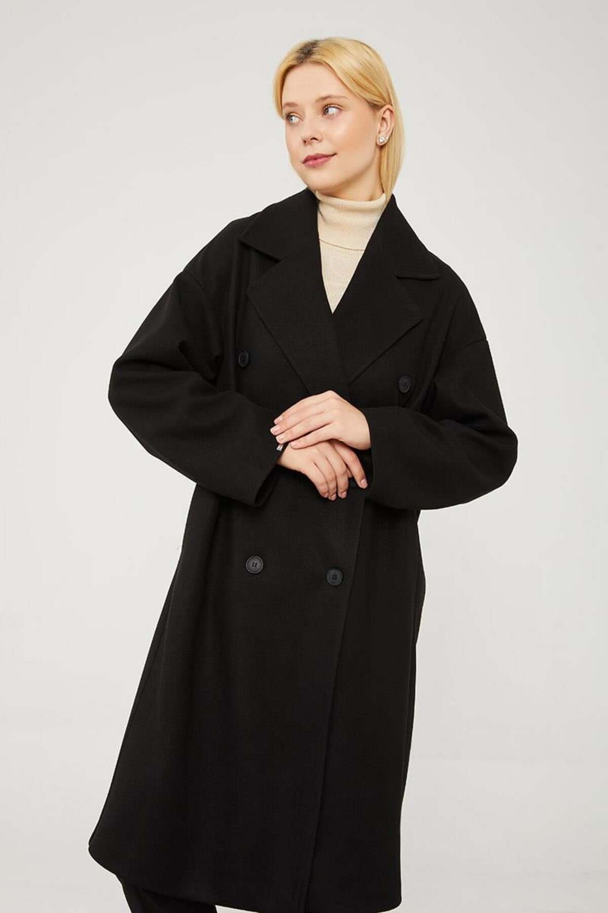Levidor Siyah Oversize Astarsız Kaşe Kaban görsel 2