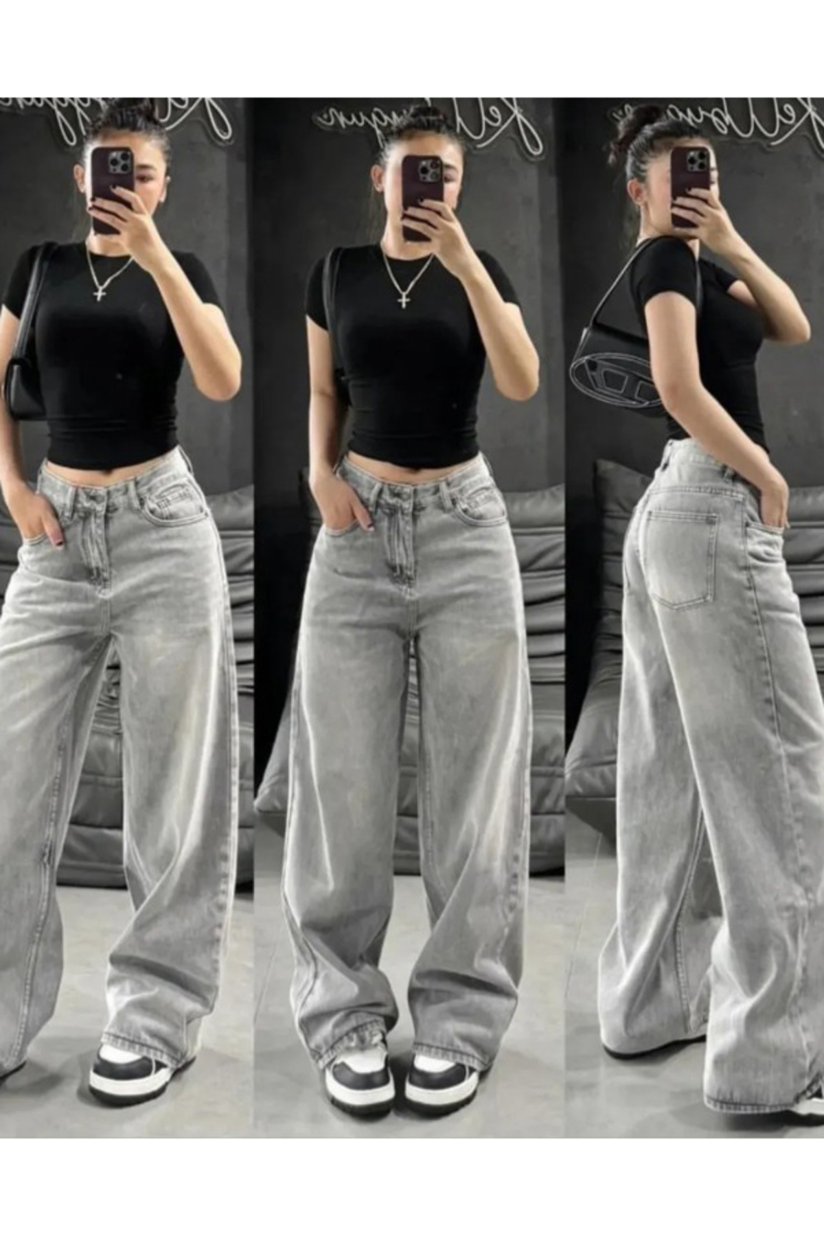 KOTOLOG  Unisex Gri Jean Vintage Extra Bol Baggy Pantolon