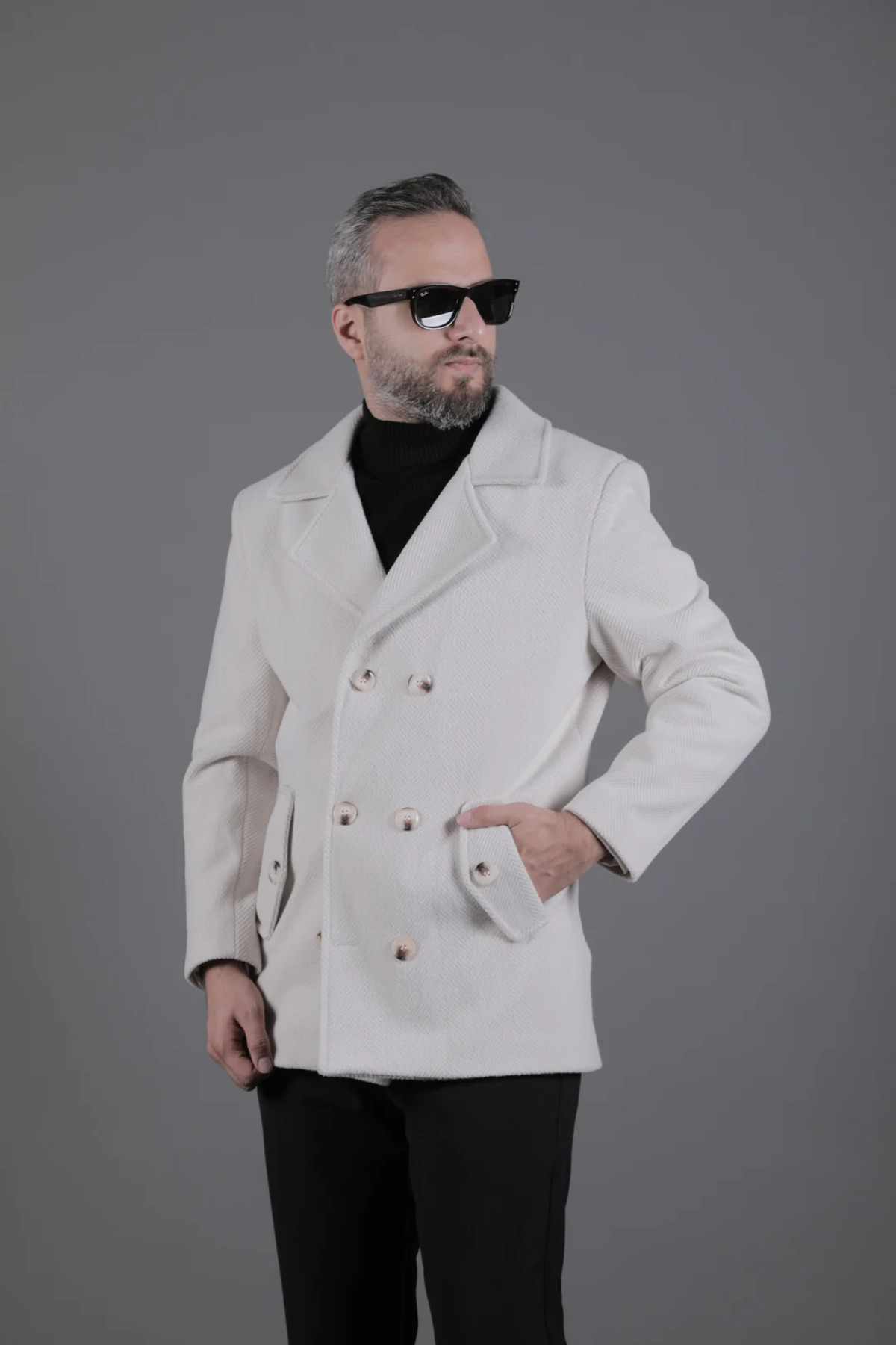 Desenli Kruvaze Erkek Kaşe Kaban — بژ OHM231