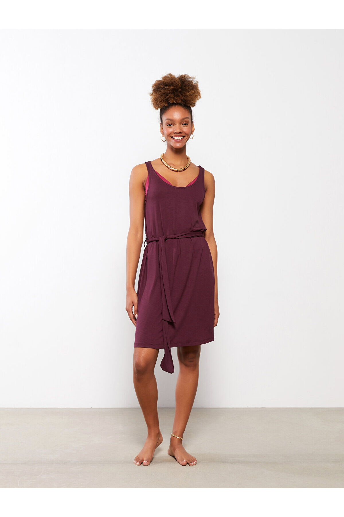 LC Waikiki Mürdüm Bisiklet Yaka Düz Askılı Kadın Plaj Elbisesi