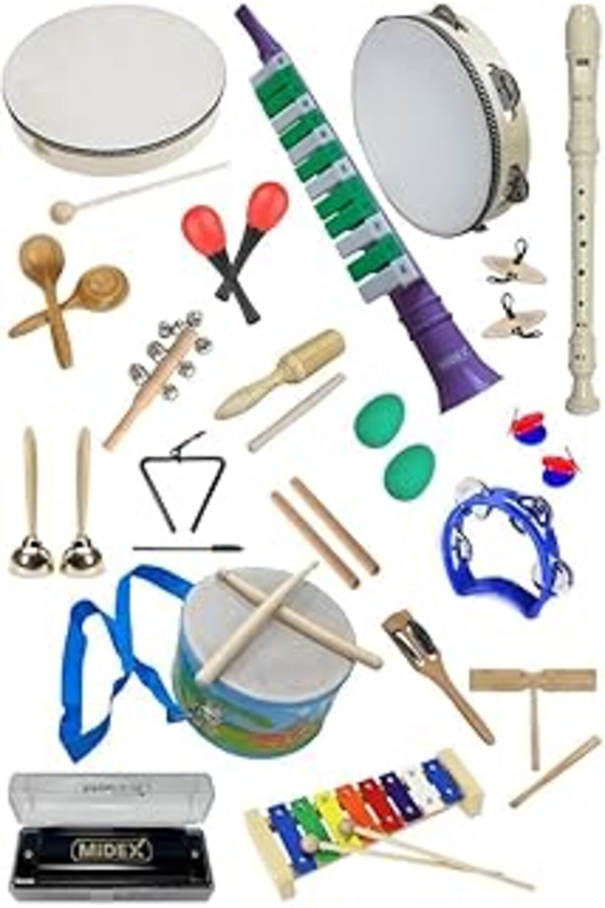 Roses Store Midex Örf Aletleri Seti Over Paket-2 Marakas Zil Üçgen Ksilofon Melodika Mızıka Davul Flüt (20 Parça