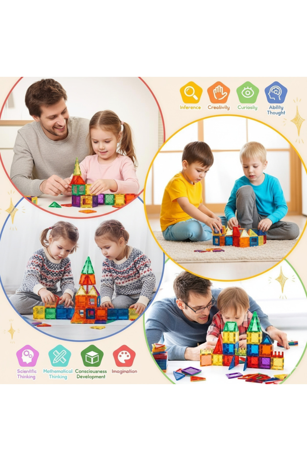 مجموعه ۱۰۰ تایل ساختنی مغناطیسی، بلوک‌های آموزشی STEM برای کودکان بالای ۳ سال، اسباب‌بازی ساخت‌وساز سه‌بعدی