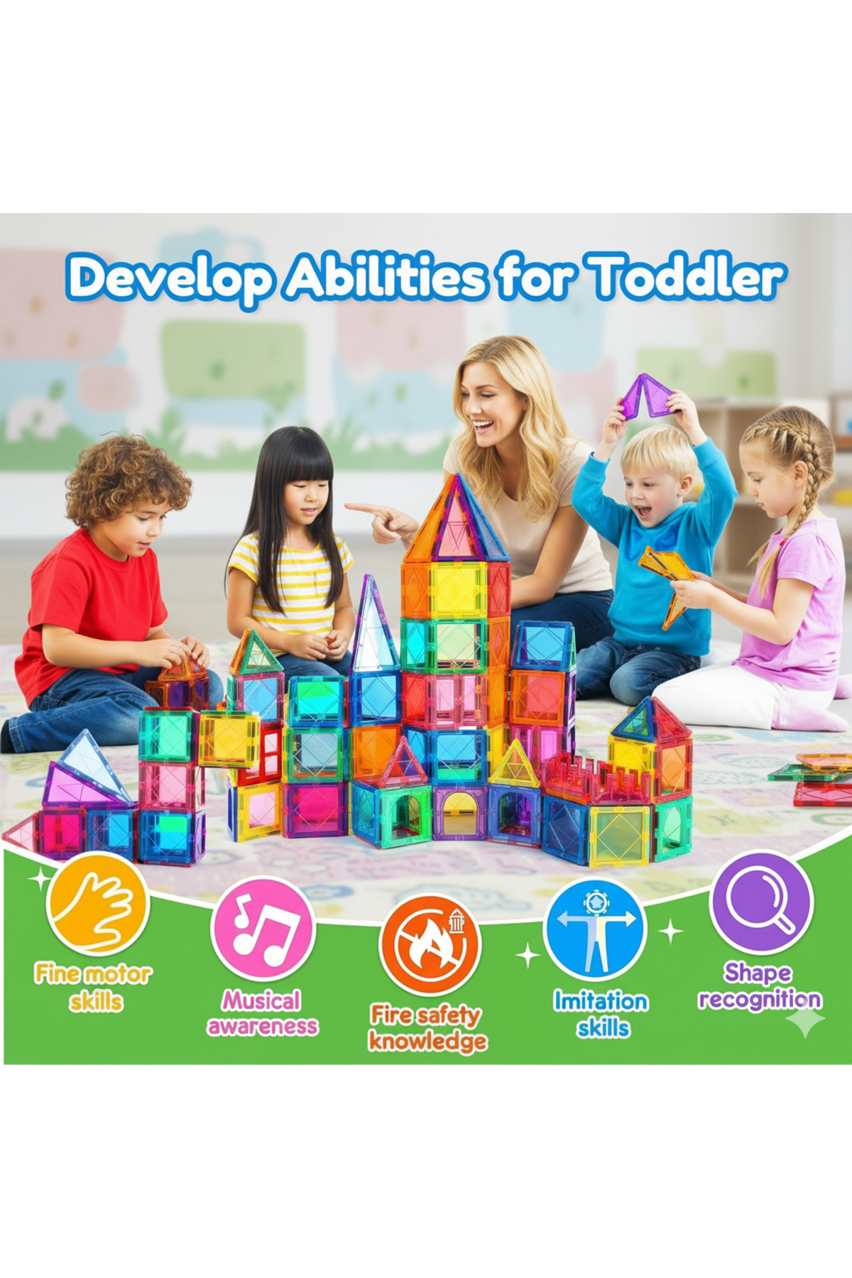 مجموعه ۱۰۰ تایل ساختنی مغناطیسی، بلوک‌های آموزشی STEM برای کودکان بالای ۳ سال، اسباب‌بازی ساخت‌وساز سه‌بعدی