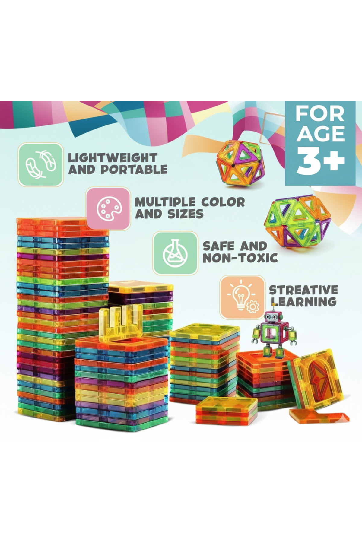 مجموعه ۱۰۰ تایل ساختنی مغناطیسی، بلوک‌های آموزشی STEM برای کودکان بالای ۳ سال، اسباب‌بازی ساخت‌وساز سه‌بعدی