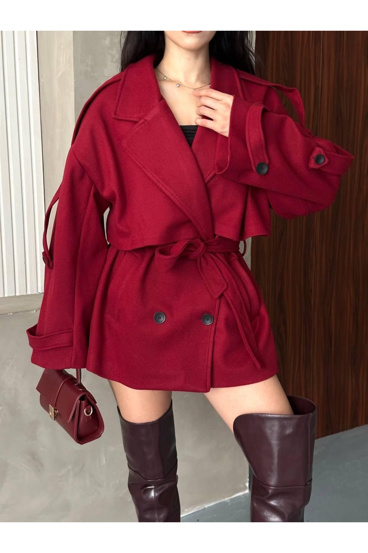 Ekim Store Kaşe Kruvaze Düğmeli Kuşaklı Trençkot görsel 6