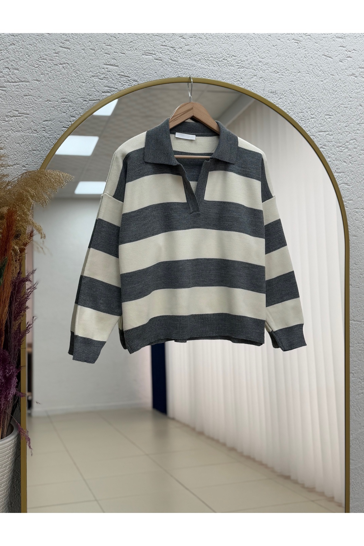 Ajla Kalın Çizgili Yaka Detay Triko Kazak-Zİ5258 Gri