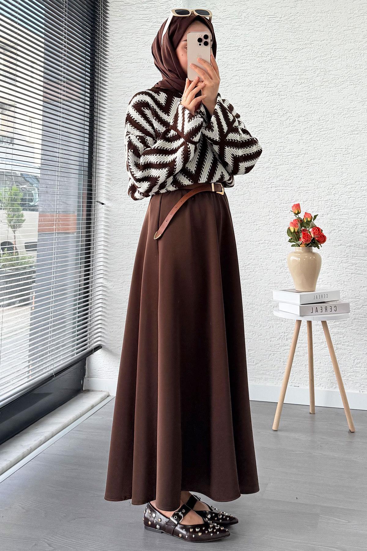 Genel Markalar  Zikzak Desenli Kısa Triko Kazak – Kahverengi - Görsel 5