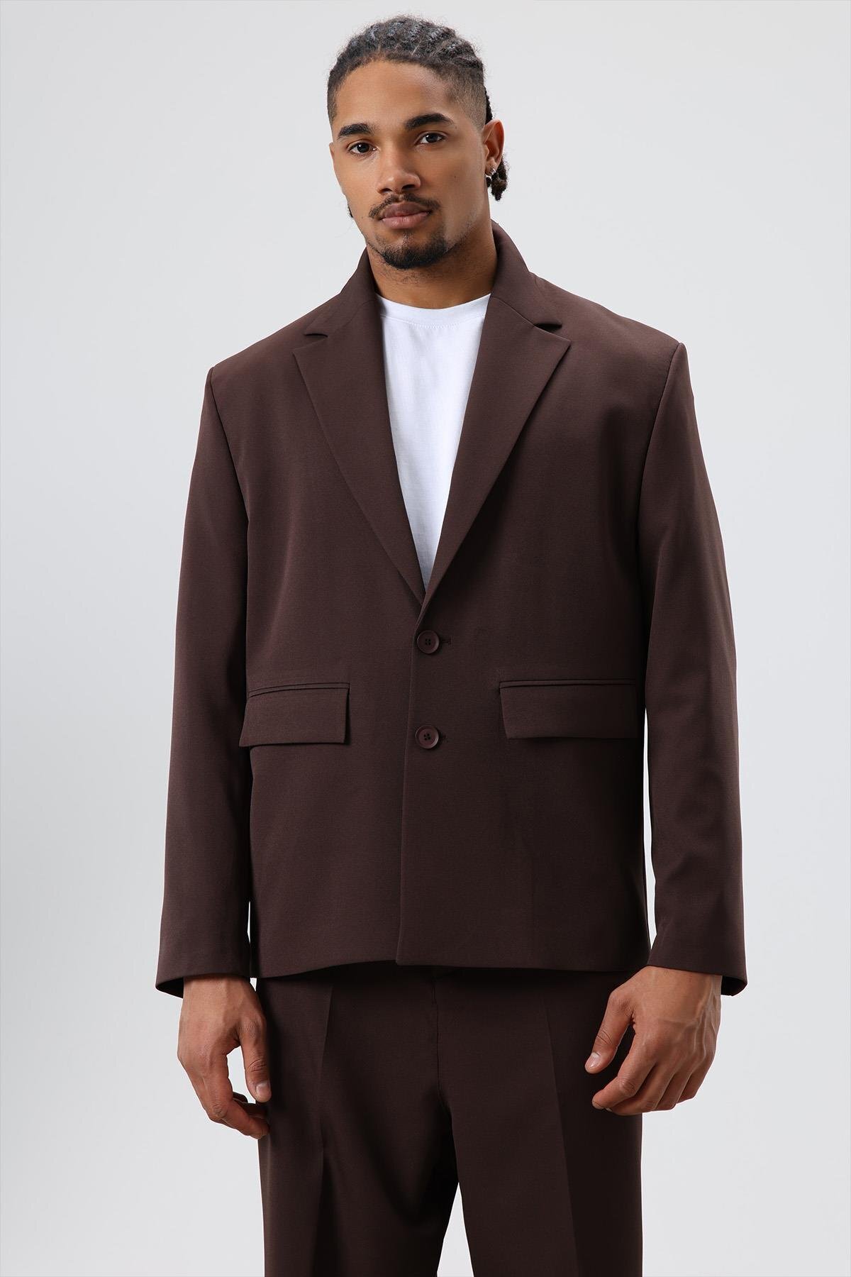 Relaxed Fit Takım Elbise Koyu Kahve — قهوه‌ای V90-19 — تصویر 4 از 8