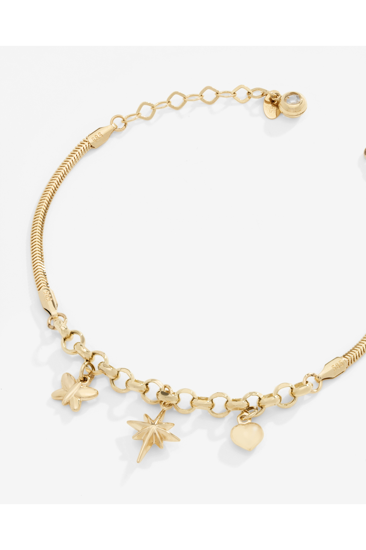 zerdezar gold 14 Ayar Kalpli,Kelebekli,Yıldızlı Charmlı Ezme Bileklik