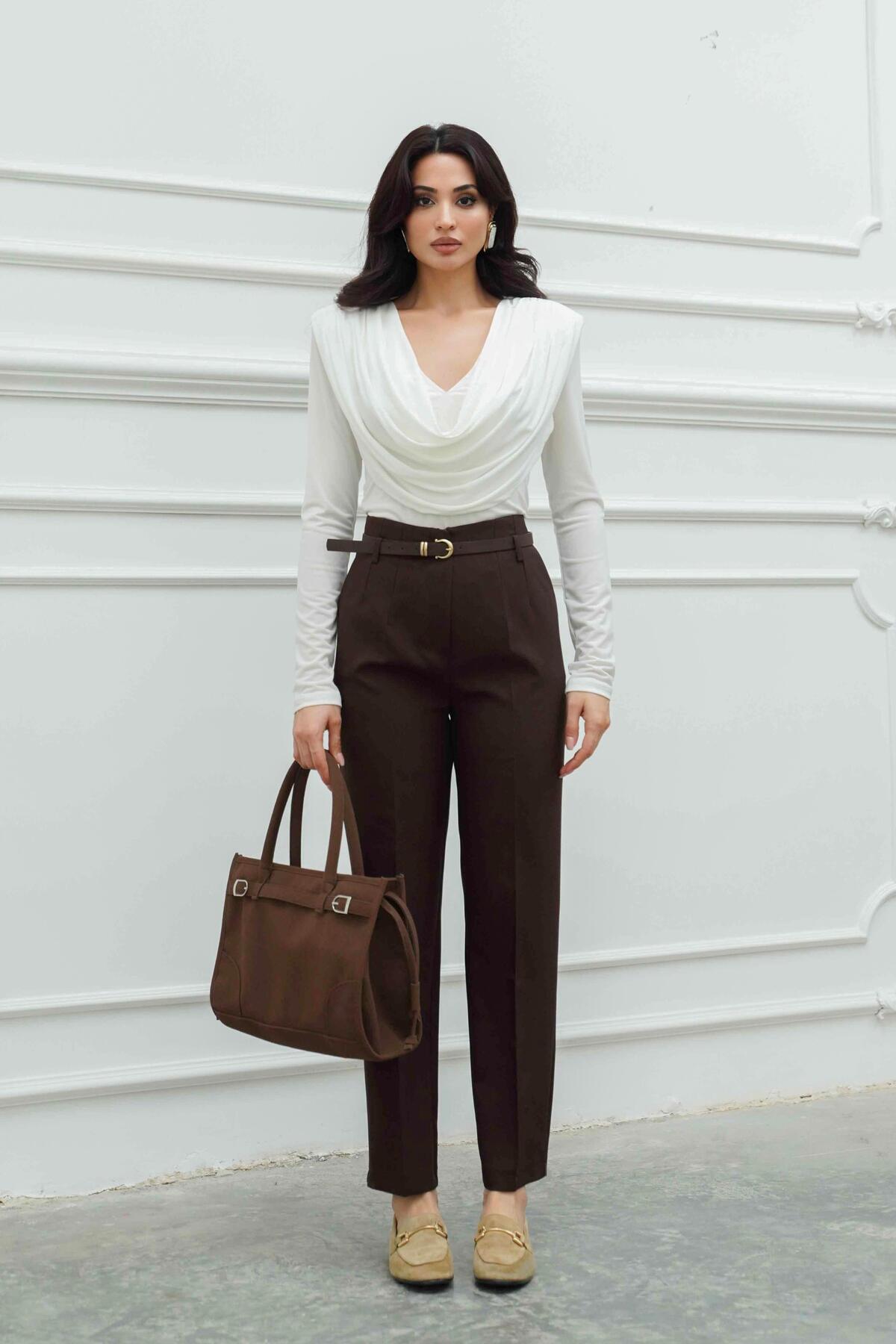 Serica Moda  Kahve Yüksek Bel Kemerli Havuç Pantolon