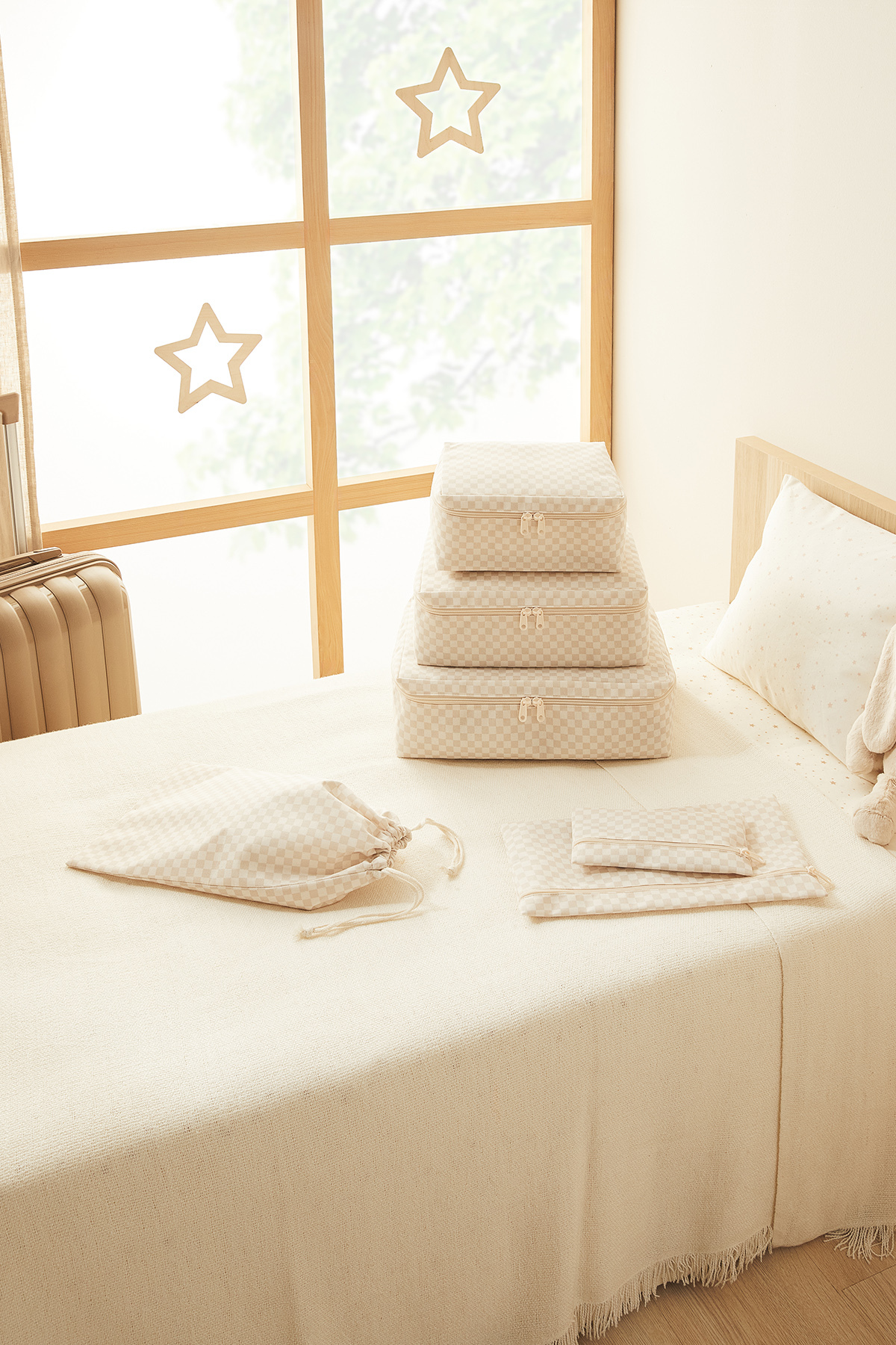 Ocean Home Textile 6'lı Bej Dama Desen Pamuklu Bebek Doğum Hastane Çıkışı Çanta Düzenleyici Çok Amaçlı Organizer fotoğrafı 4 (önizleme)