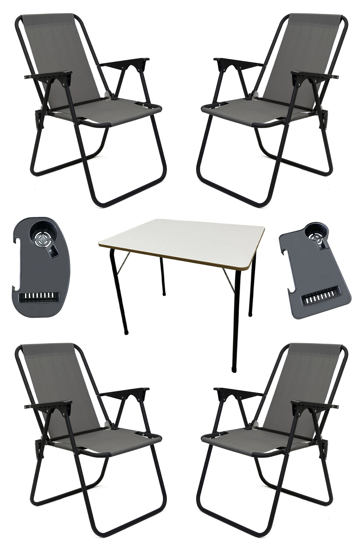 Litea 4pcs Camping Chairs Folding Picnic Chair and Cup Holder Grey + Folding Mdf Table