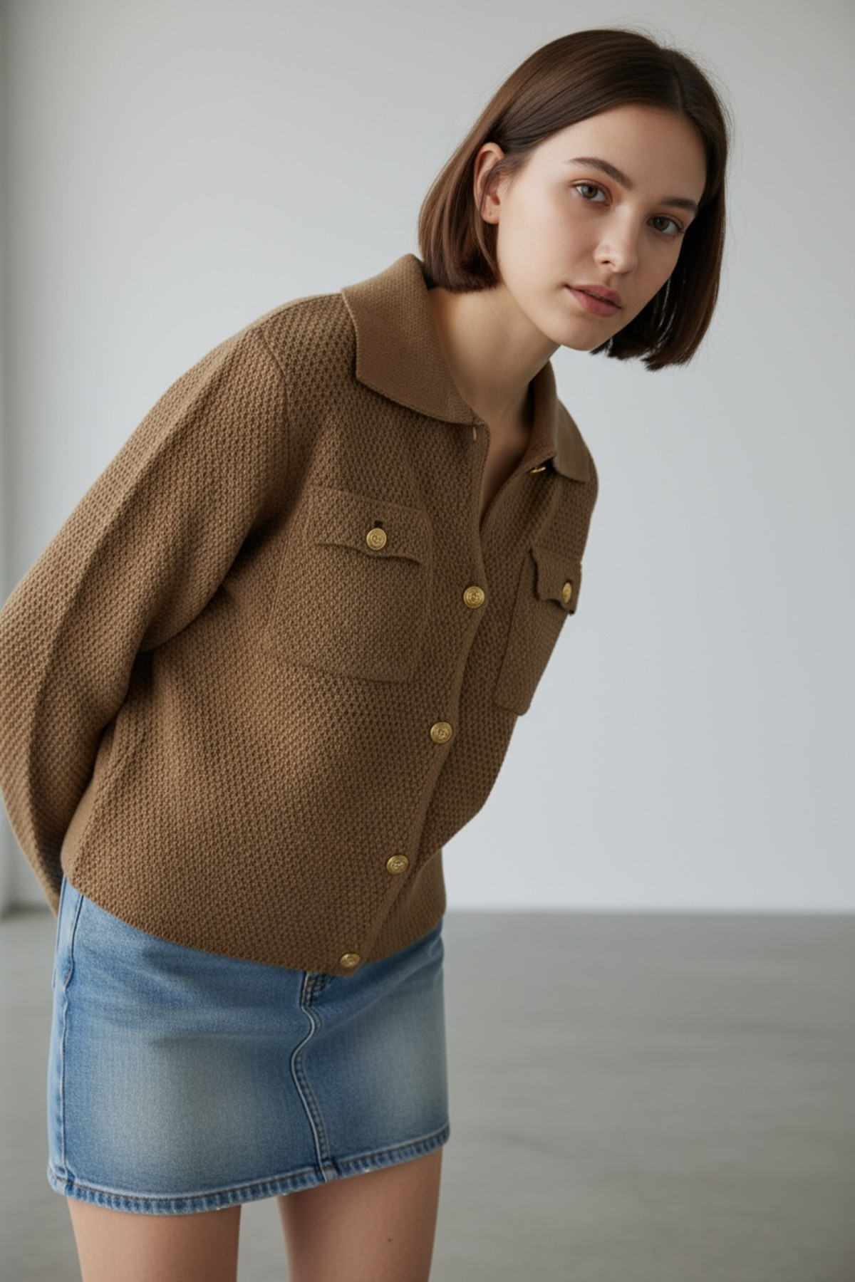 NEWCO Gold Button Textured Knitwear Jacket with Double Pocket Detail, Polo Neck, Long Sleeves