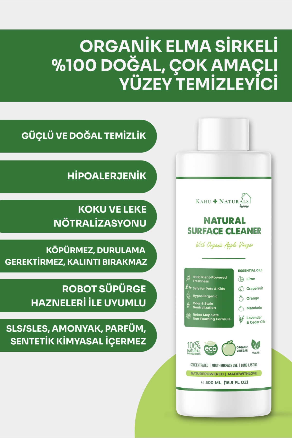 Kahu Naturals Spiritually Connected Organik Elma Sirkeli %100 Doğal Çok Amaçlı Yüzey Temizleyici , Konsantre, Vegan, Çevre Dostu, 500 mL