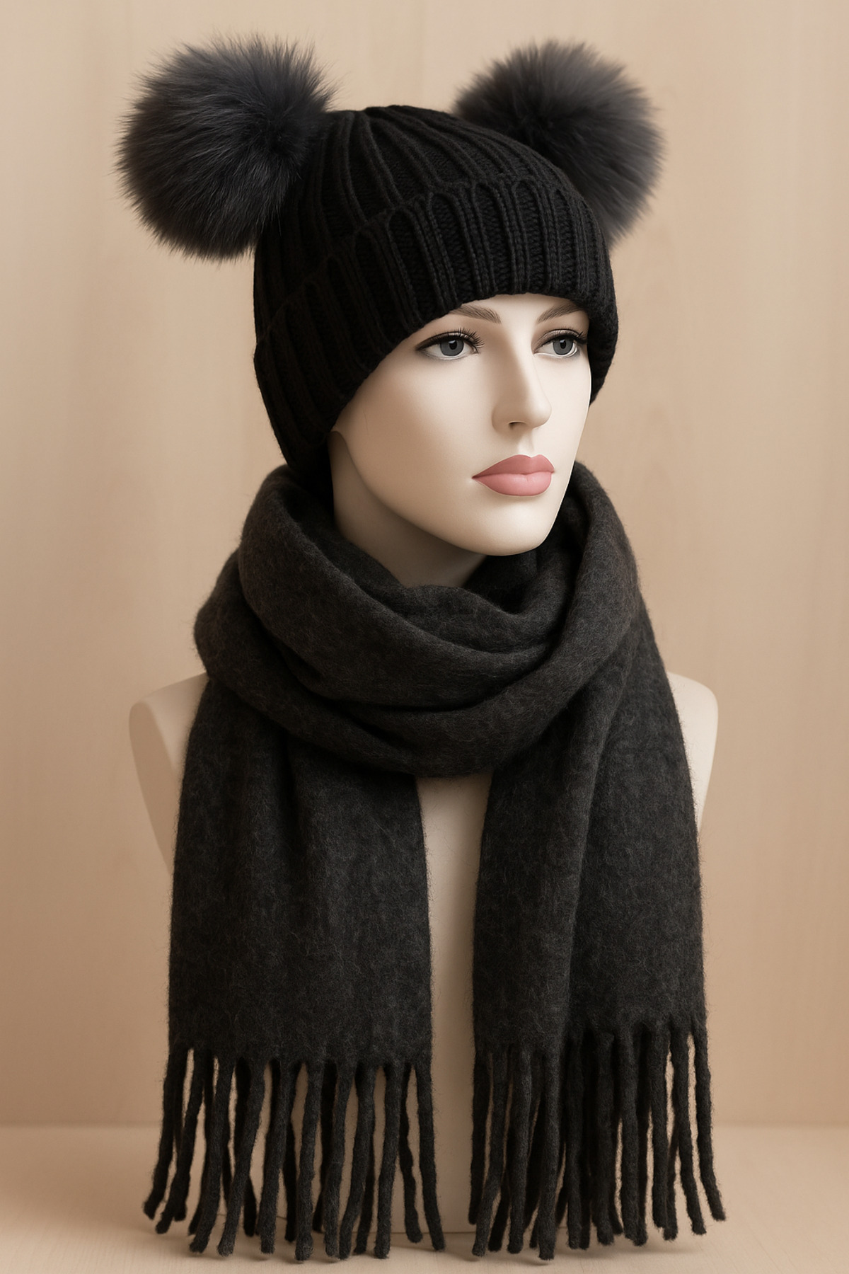 kuru Kadın Kış Seti – Çift Ponponlu Bere ve Tüylü Salaş Atkı Takımı (Antrasit Ton)